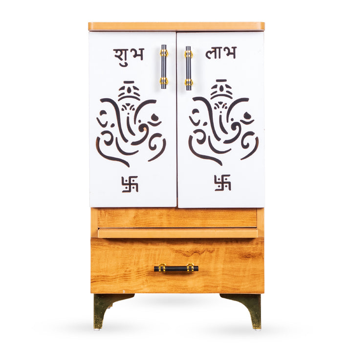 Modern Elegance Engineered Wood Mandir with Designer White Doors & Brass Hardware