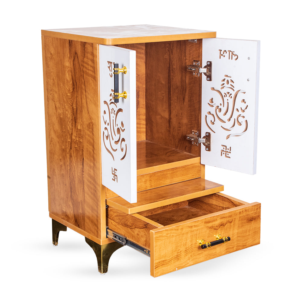 Modern Elegance Engineered Wood Mandir with Designer White Doors & Brass Hardware