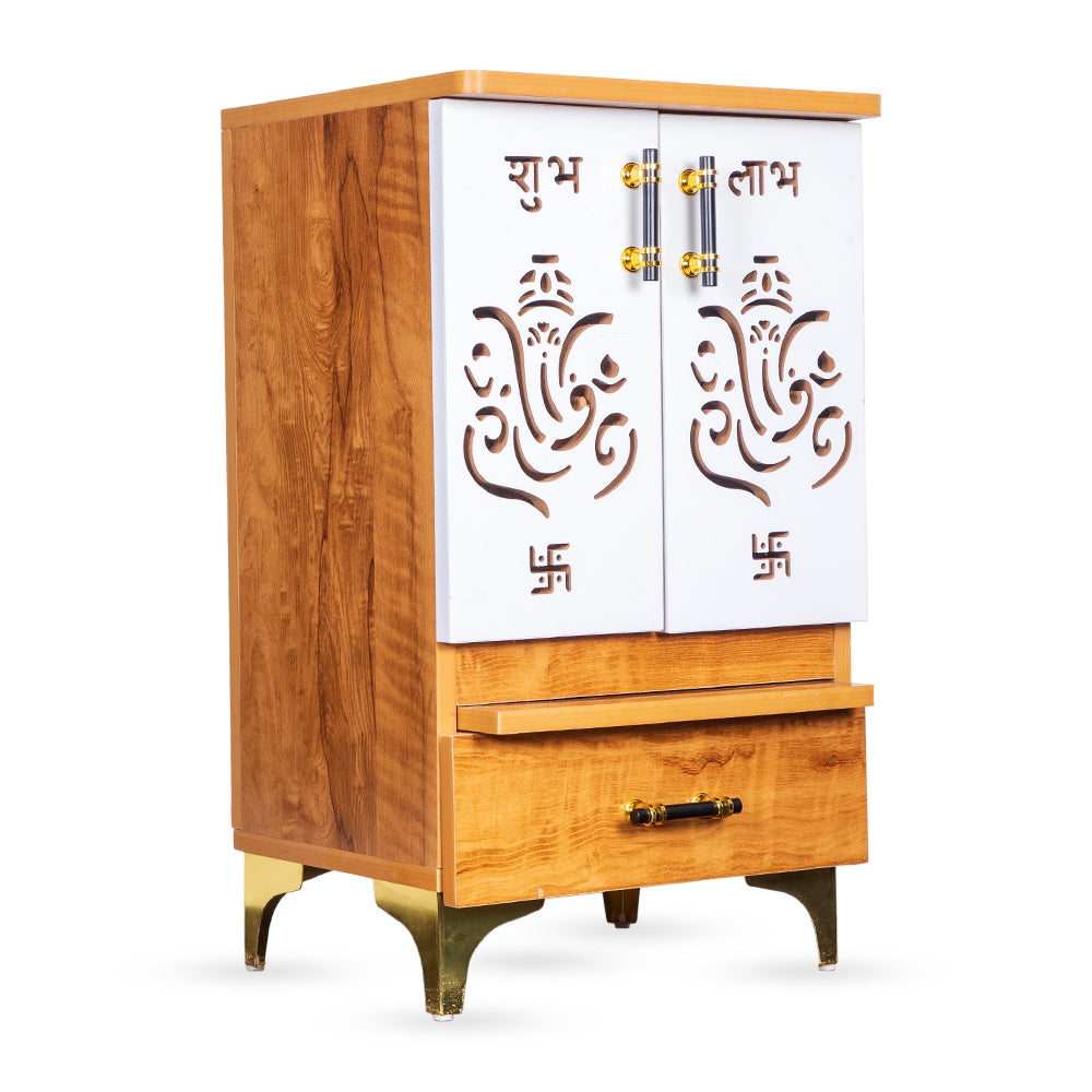 Modern Elegance Engineered Wood Mandir with Designer White Doors & Brass Hardware