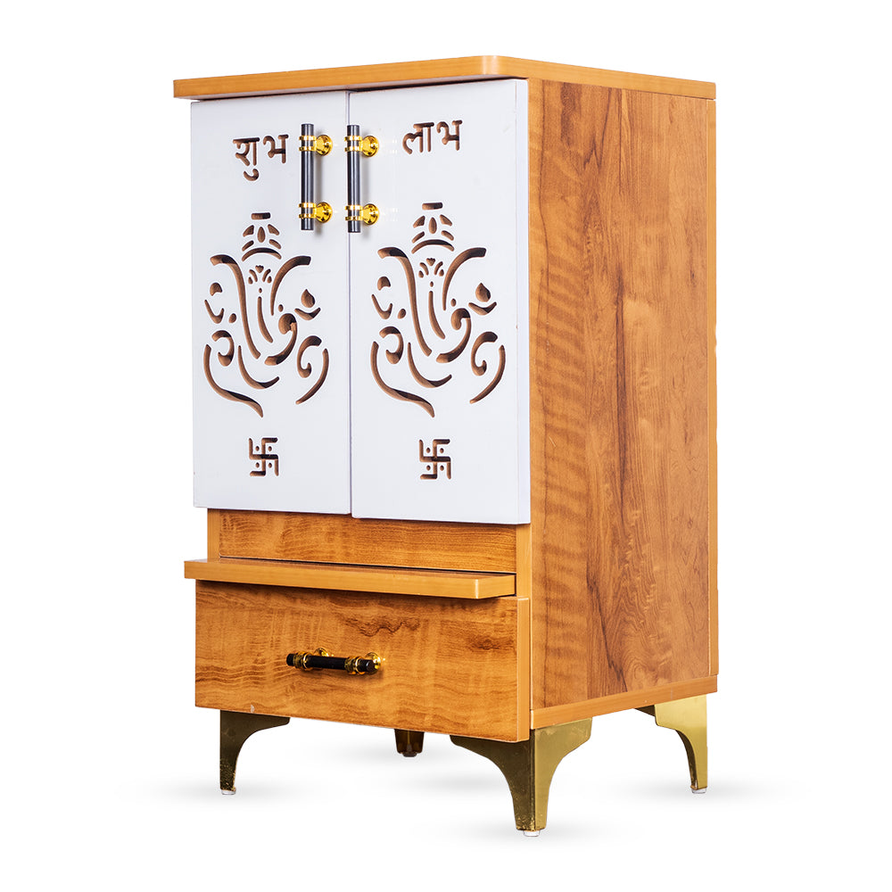 Modern Elegance Engineered Wood Mandir with Designer White Doors & Brass Hardware