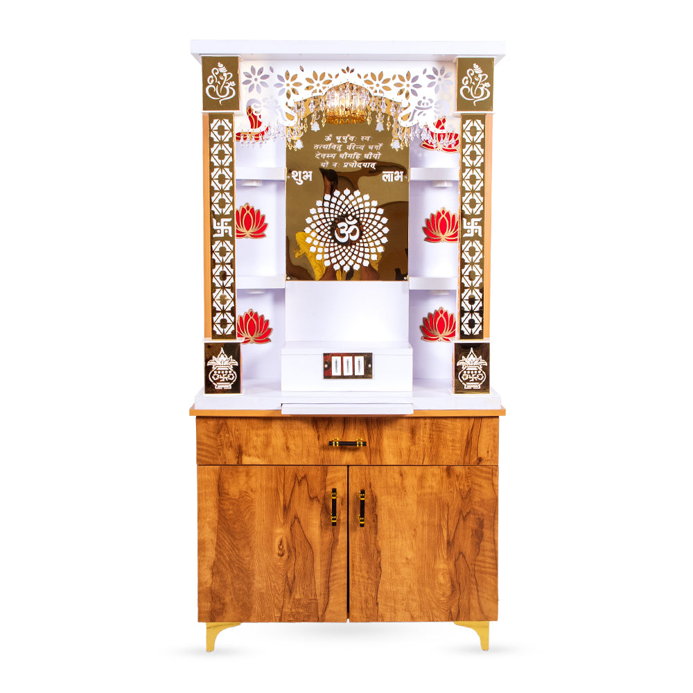 The Wooden Factory Large White Home Temple With Inbuilt Light And Cnc Om Symbol Cutting Door Engineered Wood Home Temple