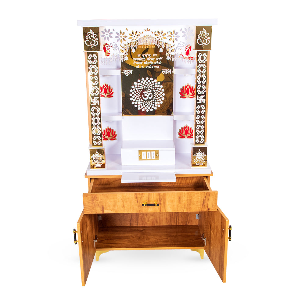 The Wooden Factory Large White Home Temple With Inbuilt Light And Cnc Om Symbol Cutting Door Engineered Wood Home Temple