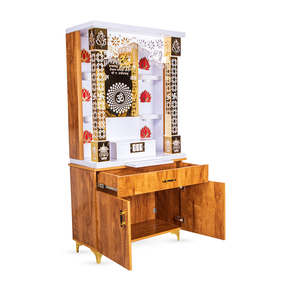 The Wooden Factory Large White Home Temple With Inbuilt Light And Cnc Om Symbol Cutting Door Engineered Wood Home Temple