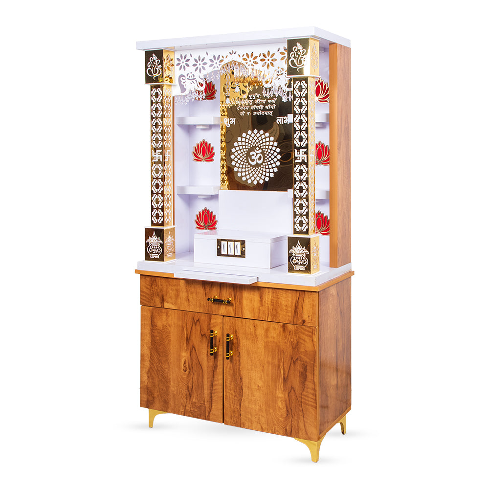 The Wooden Factory Large White Home Temple With Inbuilt Light And Cnc Om Symbol Cutting Door Engineered Wood Home Temple