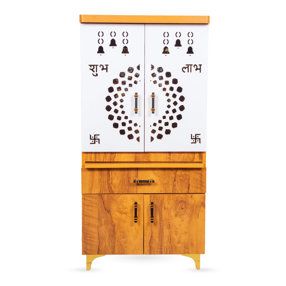 AuraCraft Vertical Mandir with White Cutwork Doors & Golden Accent Shelving