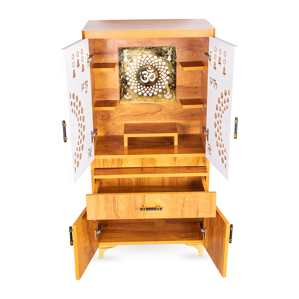 AuraCraft Vertical Mandir with White Cutwork Doors & Golden Accent Shelving
