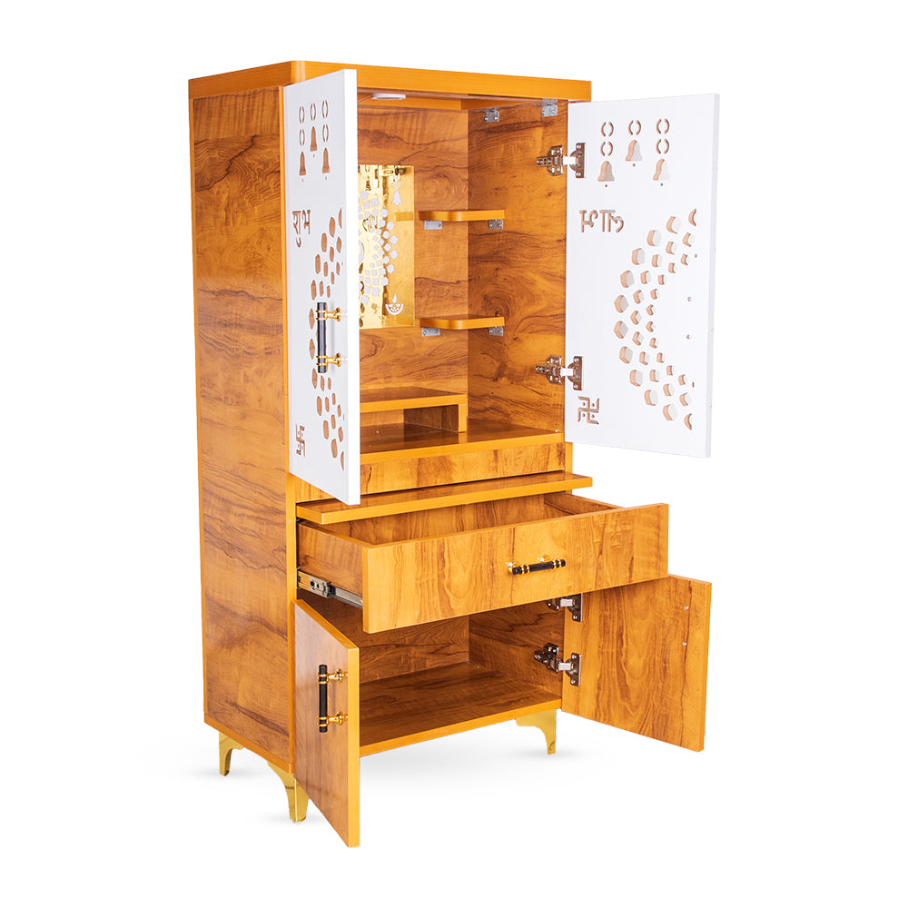 AuraCraft Vertical Mandir with White Cutwork Doors & Golden Accent Shelving