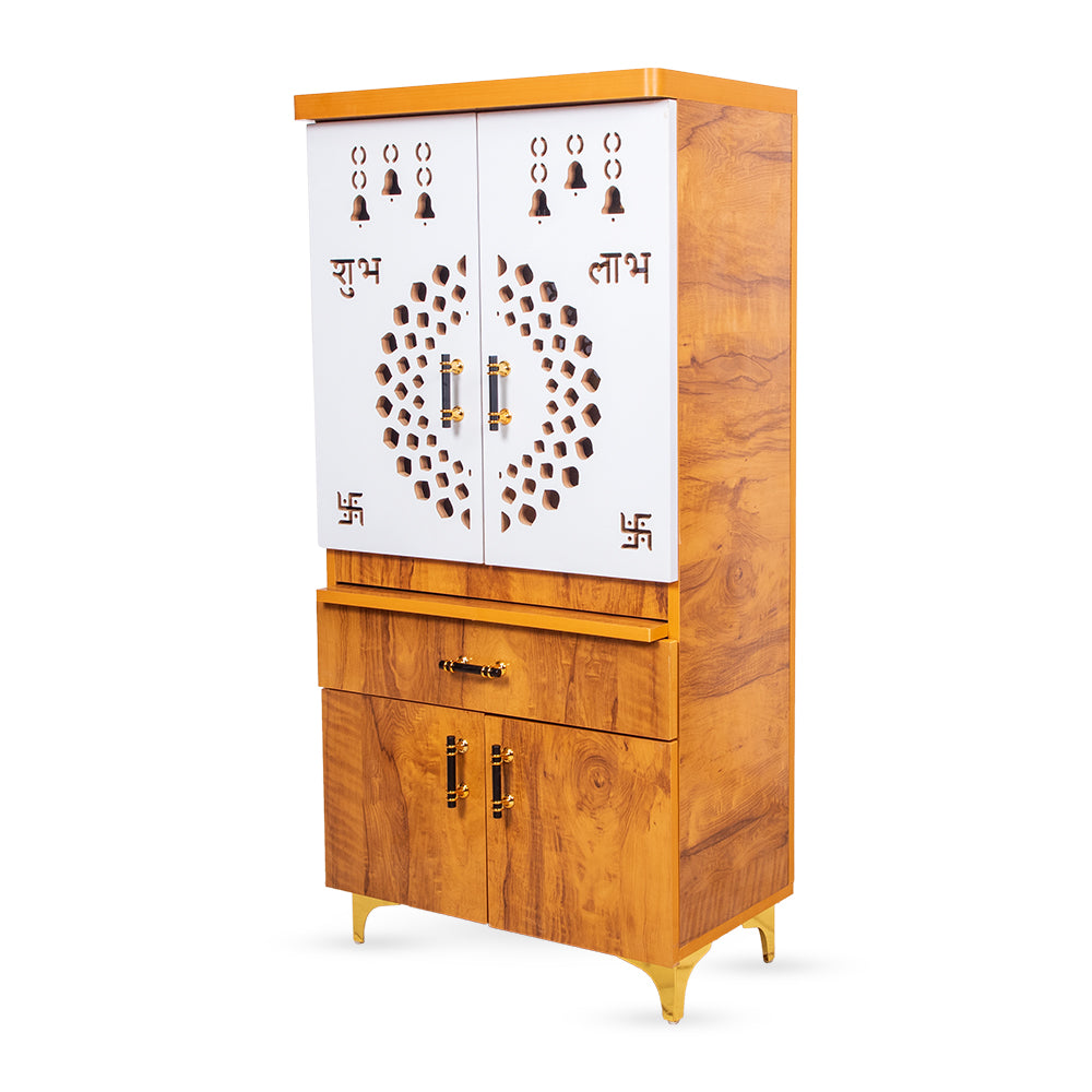 AuraCraft Vertical Mandir with White Cutwork Doors & Golden Accent Shelving