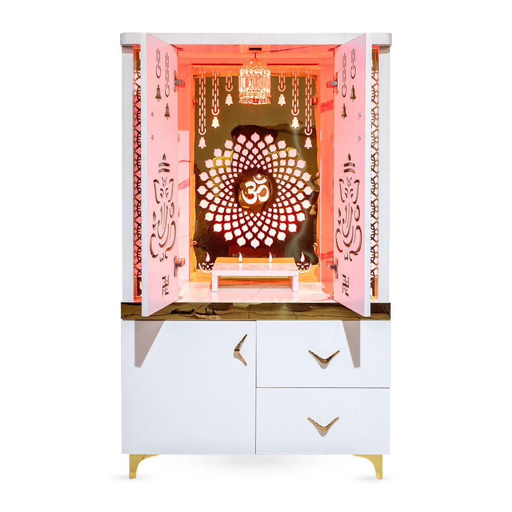 Luminous Bliss Mandir with OM Backlit Panel & Designer White Finish