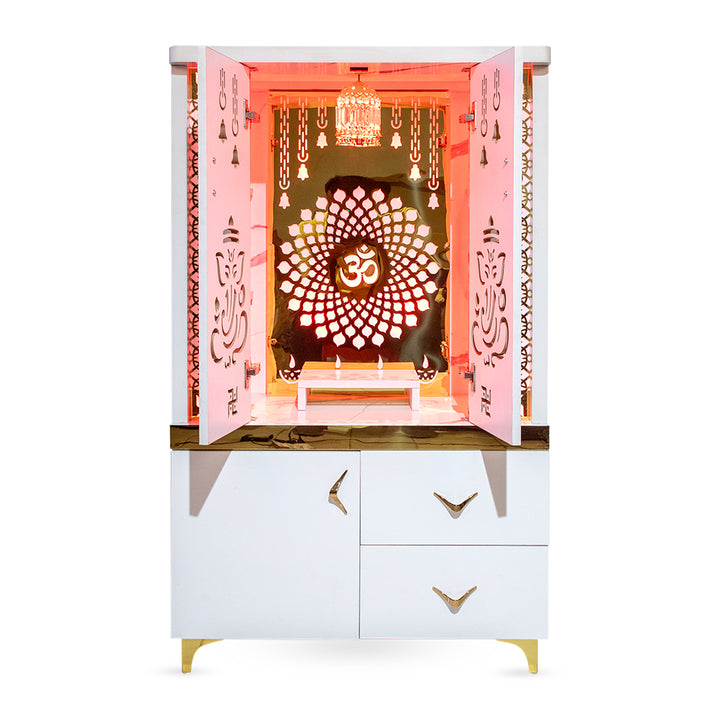 Luminous Bliss Mandir with OM Backlit Panel & Designer White Finish