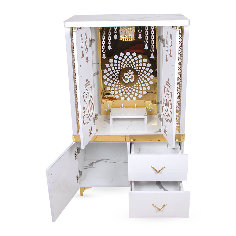 Luminous Bliss Mandir with OM Backlit Panel & Designer White Finish
