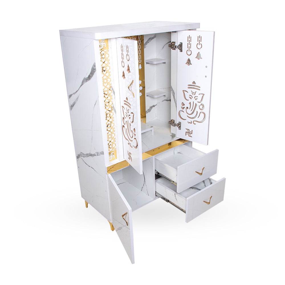 Luminous Bliss Mandir with OM Backlit Panel & Designer White Finish