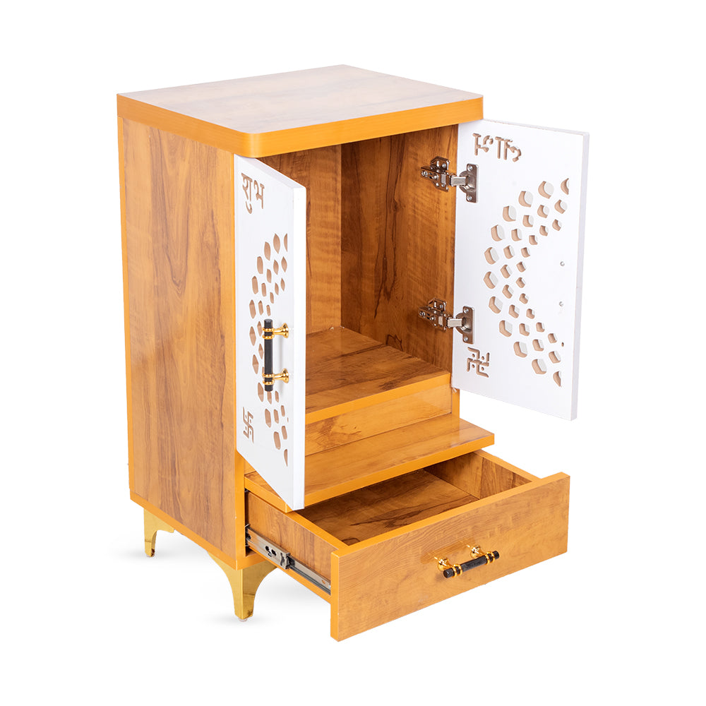 Serene StepWood Mandir with Minimalist Carved Doors & Brass Touch Accents