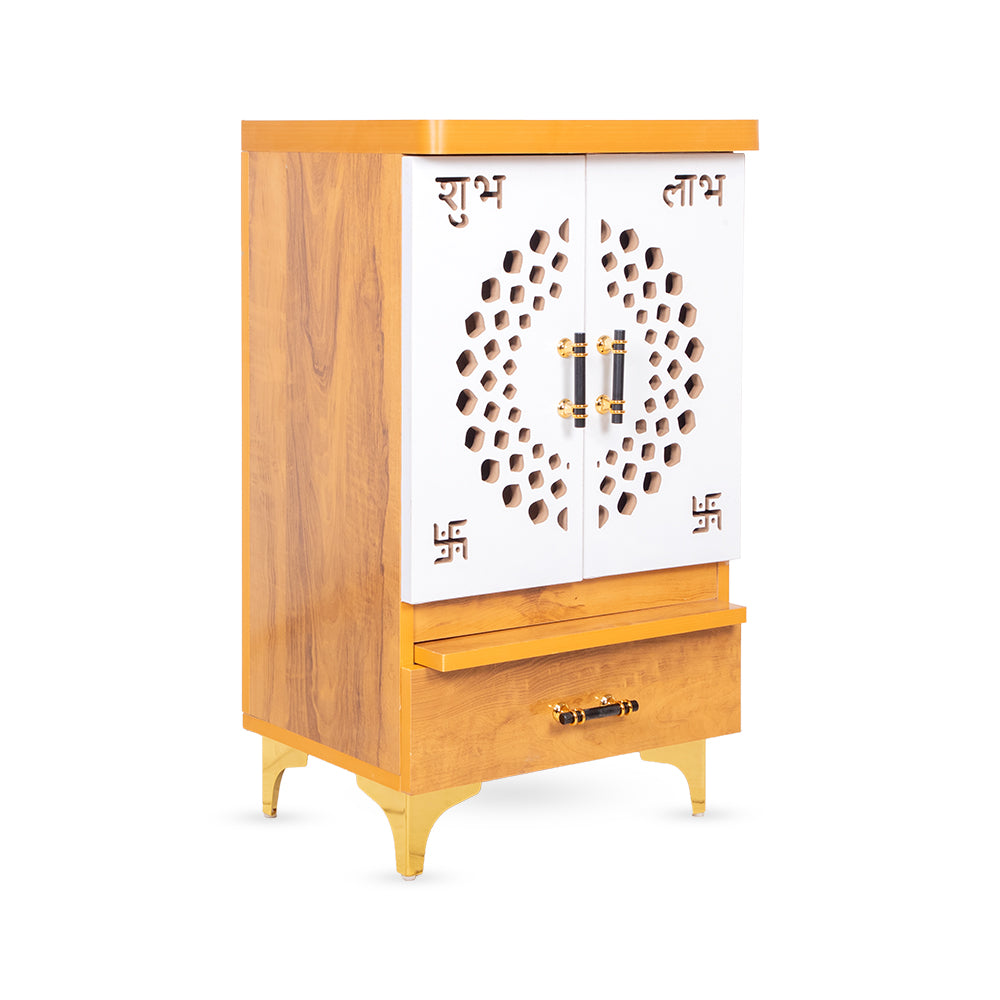 Serene StepWood Mandir with Minimalist Carved Doors & Brass Touch Accents