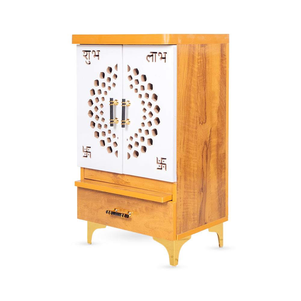 Serene StepWood Mandir with Minimalist Carved Doors & Brass Touch Accents