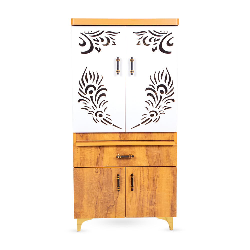 Trinity Grace Mandir with Triple Step Platform & Gold Mirror Peacock Feather Panel