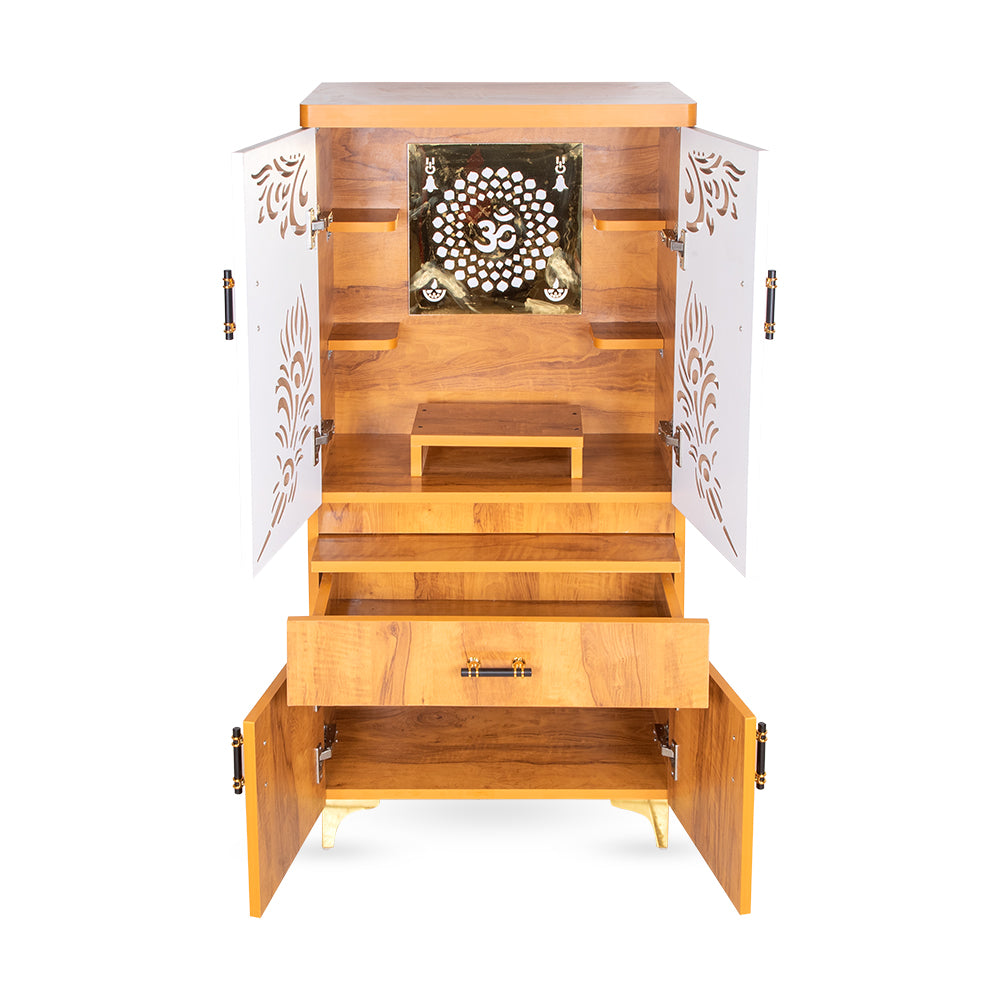 Trinity Grace Mandir with Triple Step Platform & Gold Mirror Peacock Feather Panel