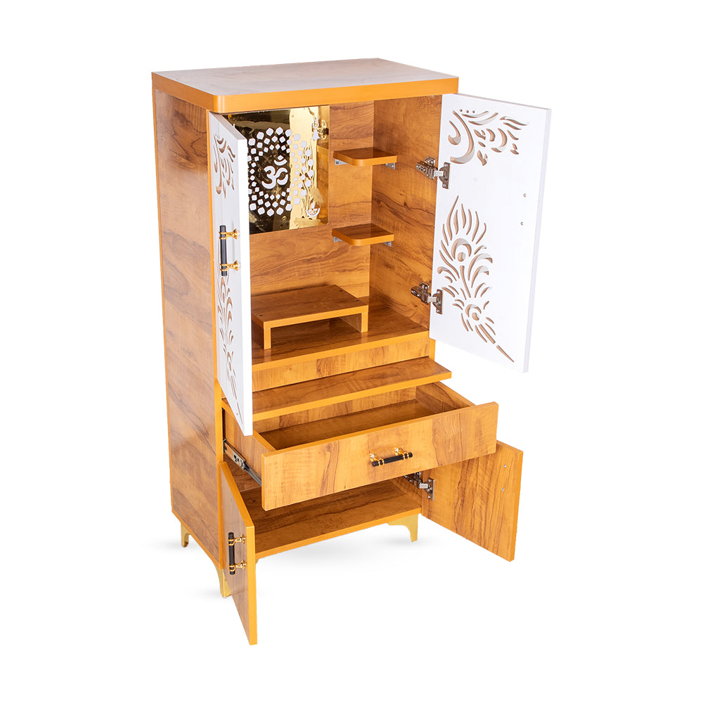 Trinity Grace Mandir with Triple Step Platform & Gold Mirror Peacock Feather Panel