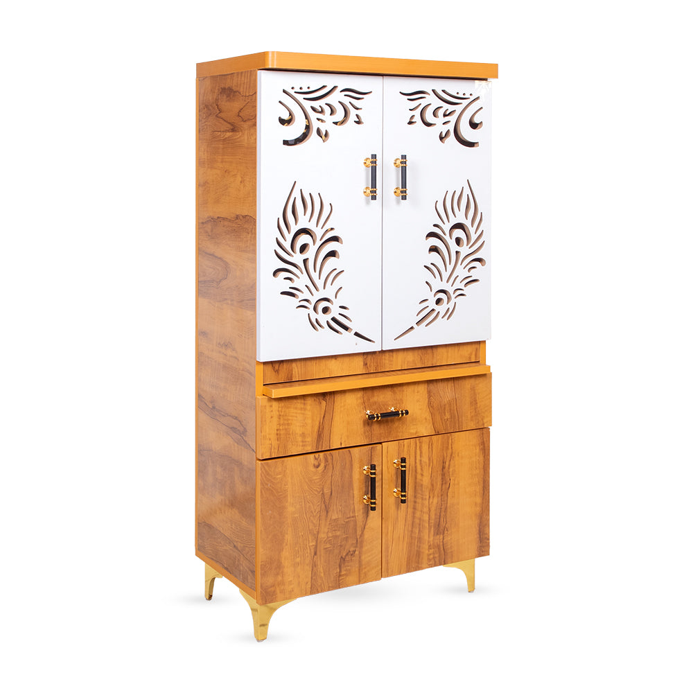 Trinity Grace Mandir with Triple Step Platform & Gold Mirror Peacock Feather Panel