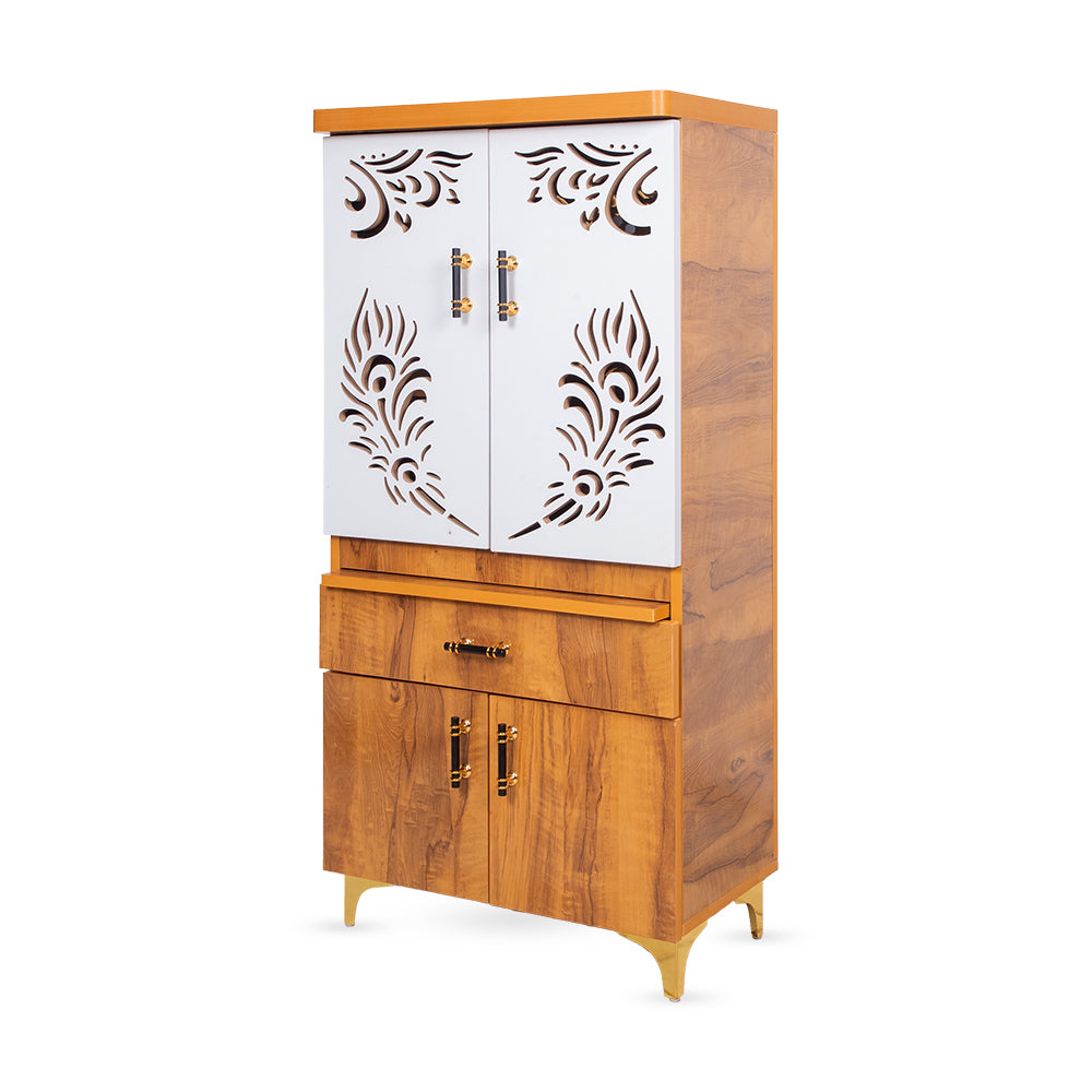 Trinity Grace Mandir with Triple Step Platform & Gold Mirror Peacock Feather Panel