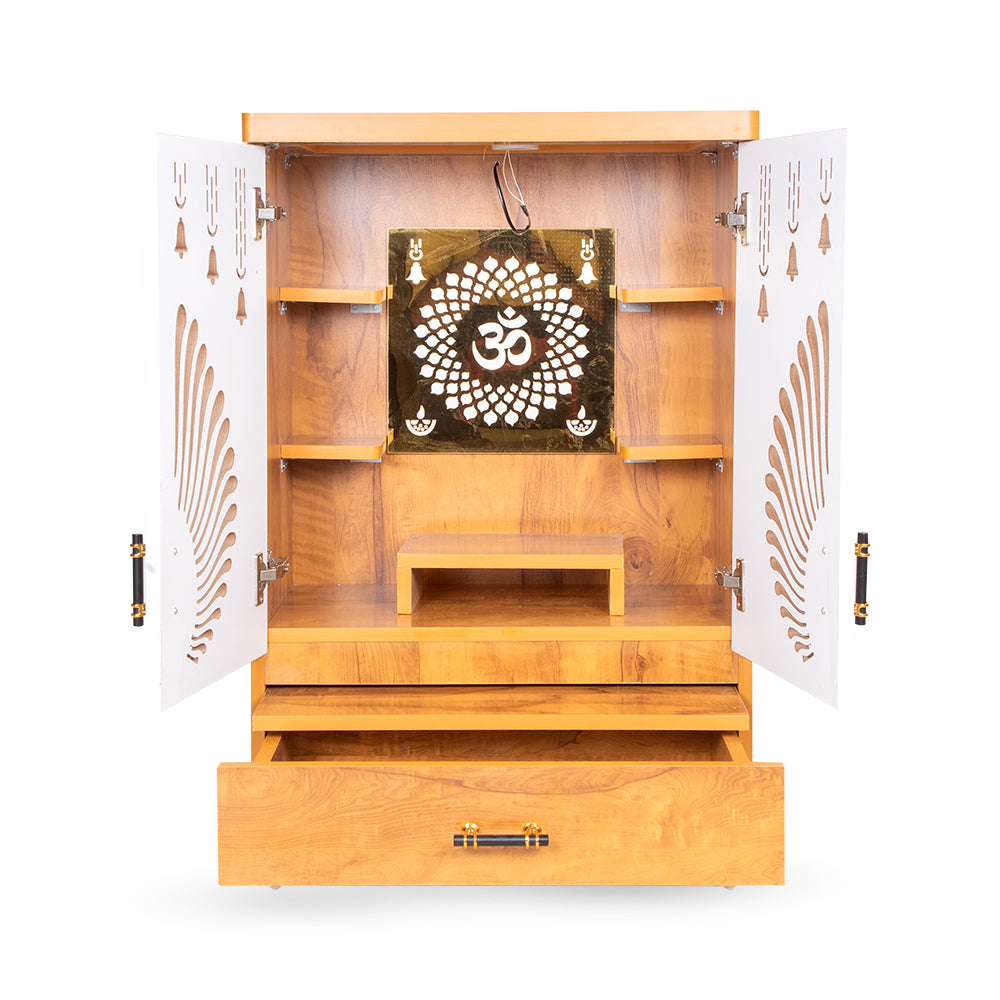 Divya Prakash Step Mandir with OM Backlit Panel & Contemporary Bell Design