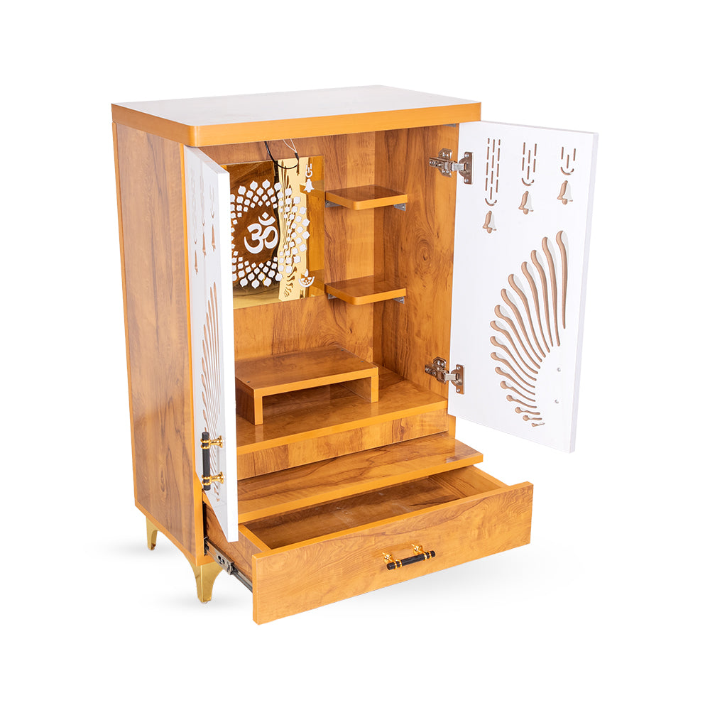 Divya Prakash Step Mandir with OM Backlit Panel & Contemporary Bell Design