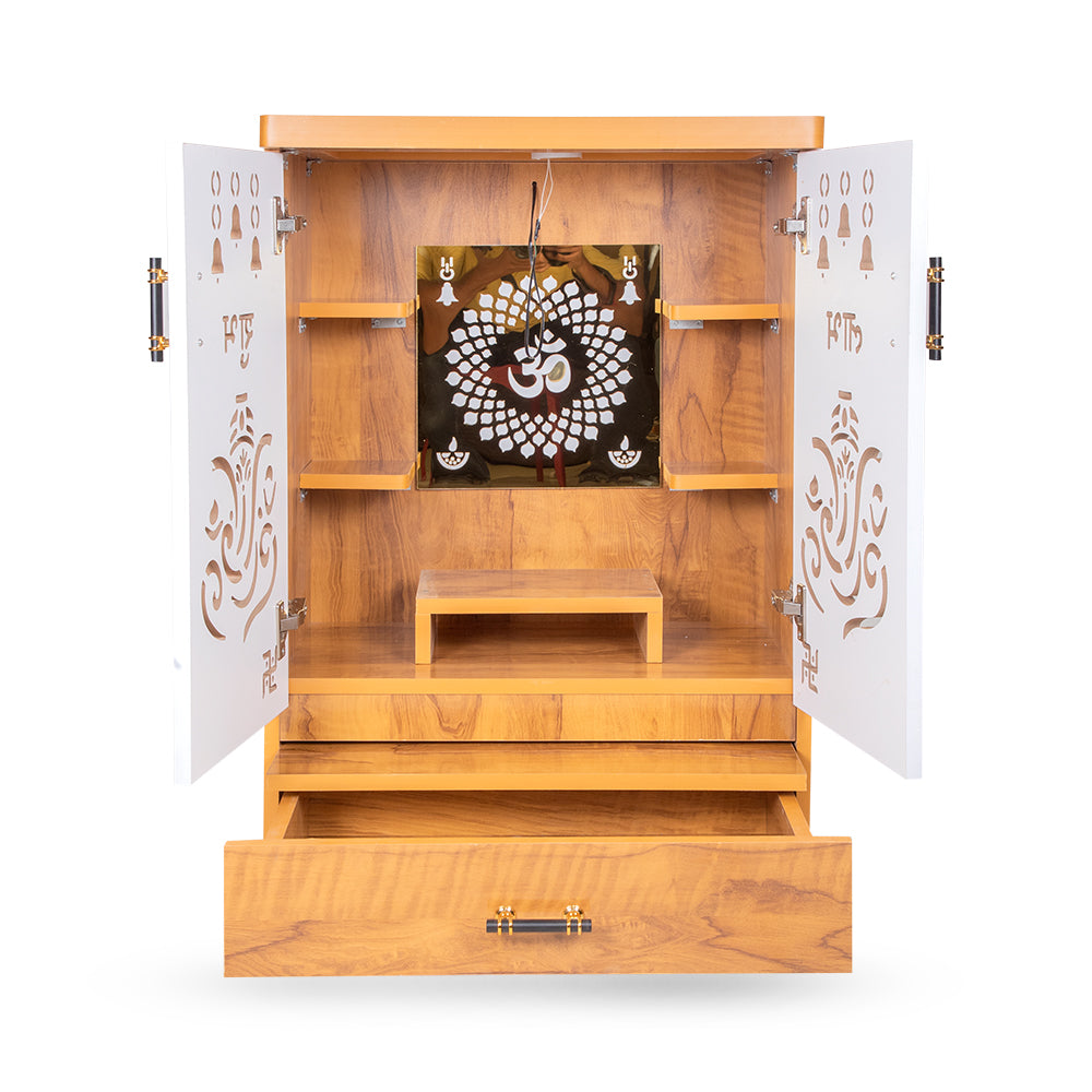 Vighnaharta Designer Mandir with Ganesha Cutwork & Multi-Shelf Display