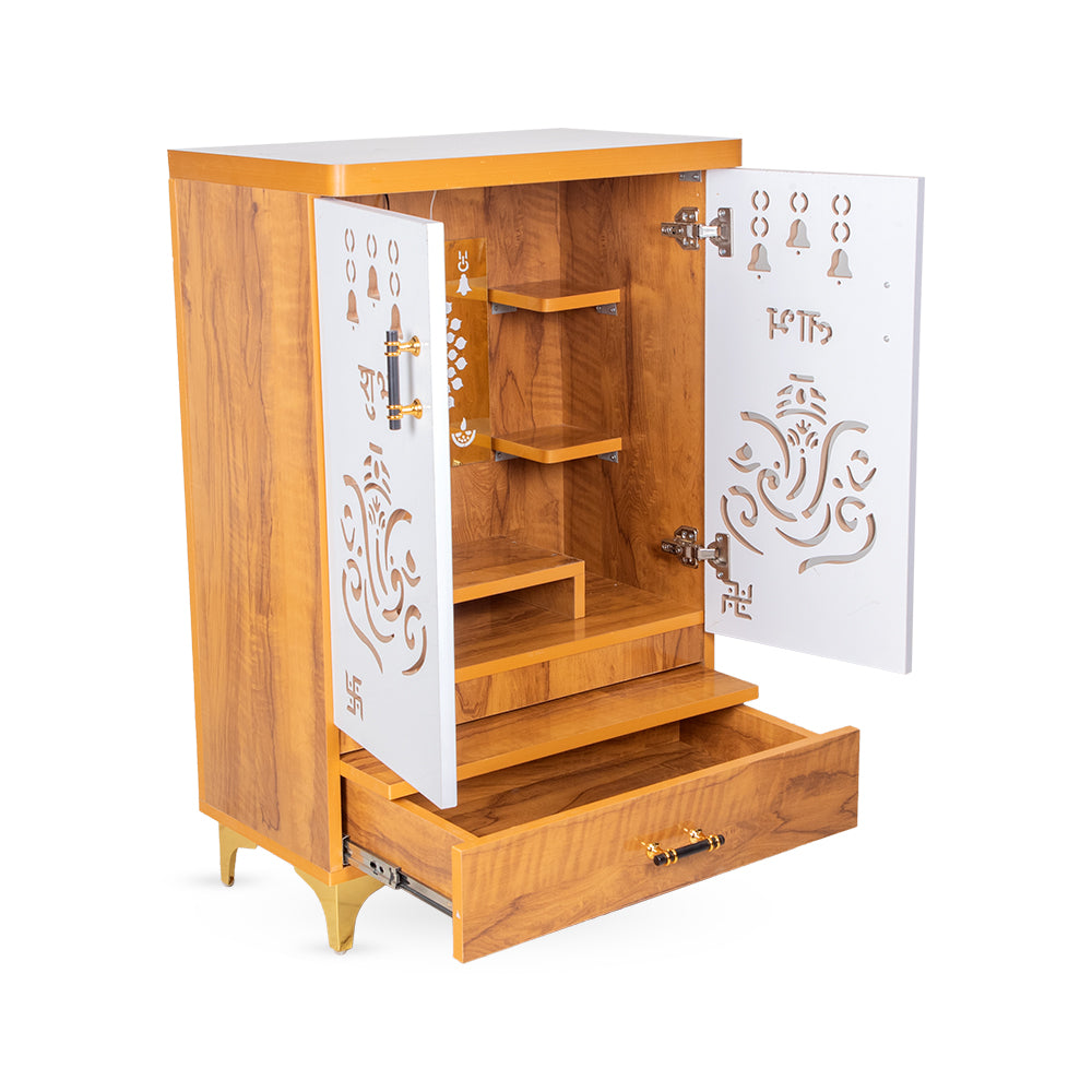 Vighnaharta Designer Mandir with Ganesha Cutwork & Multi-Shelf Display