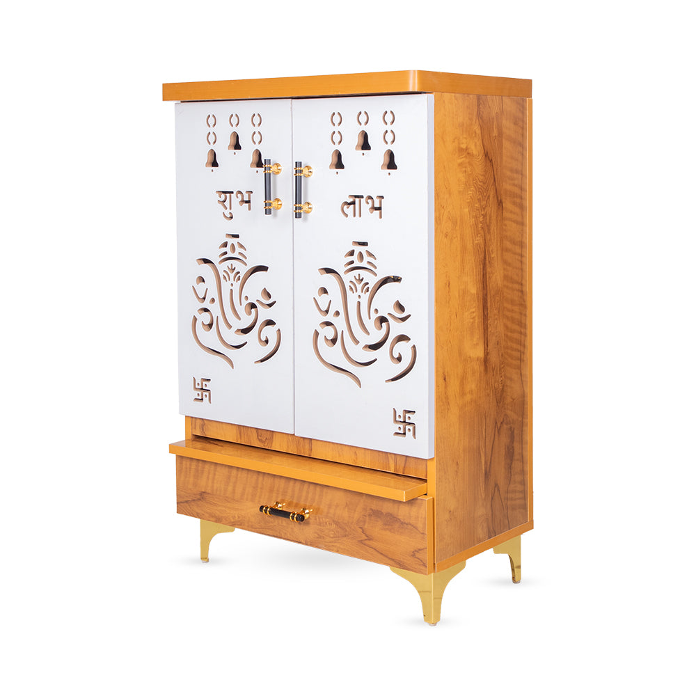 Vighnaharta Designer Mandir with Ganesha Cutwork & Multi-Shelf Display
